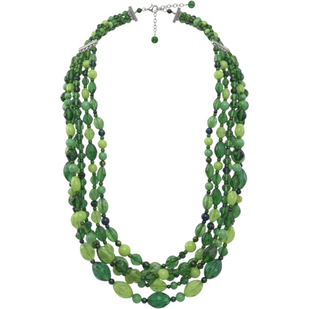 Vtg Green Glass Multi Strand Bead Bib Necklace Layered Statement Jewelry Silver